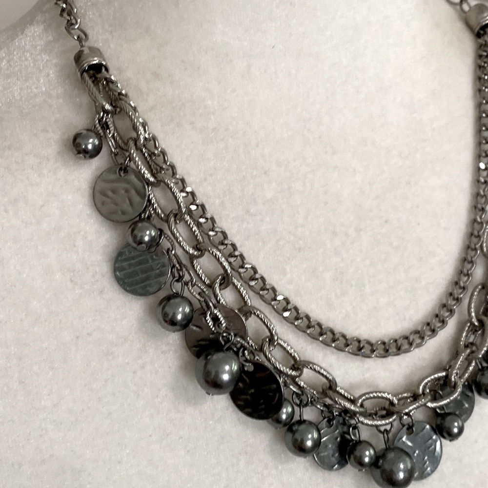 Silver Rocker Rebel Edgy Layered Bead Discs Coins Textured Chain Necklace - Picture 7 of 15